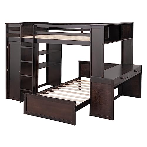 Harper & Bright Designs Full Over Twin Bunk Bed with Desk and Storage, Solid Wood, Gray L8927