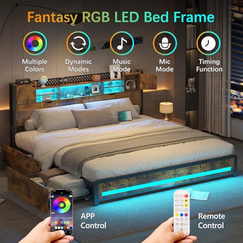 King Size Bed Frame with Storage Drawers and Bookcase Headboard, LED Lights, Vintage Brown K9476