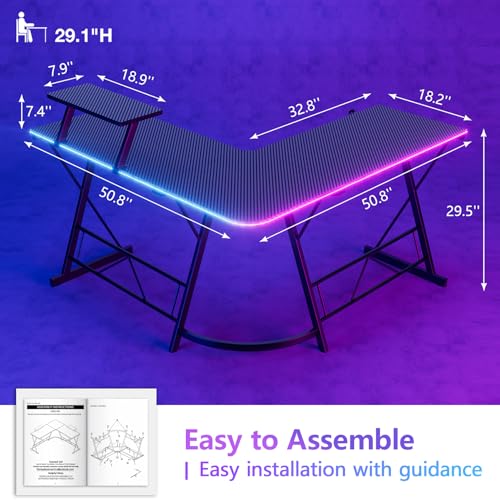 Mr IRONSTONE Gaming Desk with LED Lights, L Shaped Corner Desk, Black 51 Inch X2072
