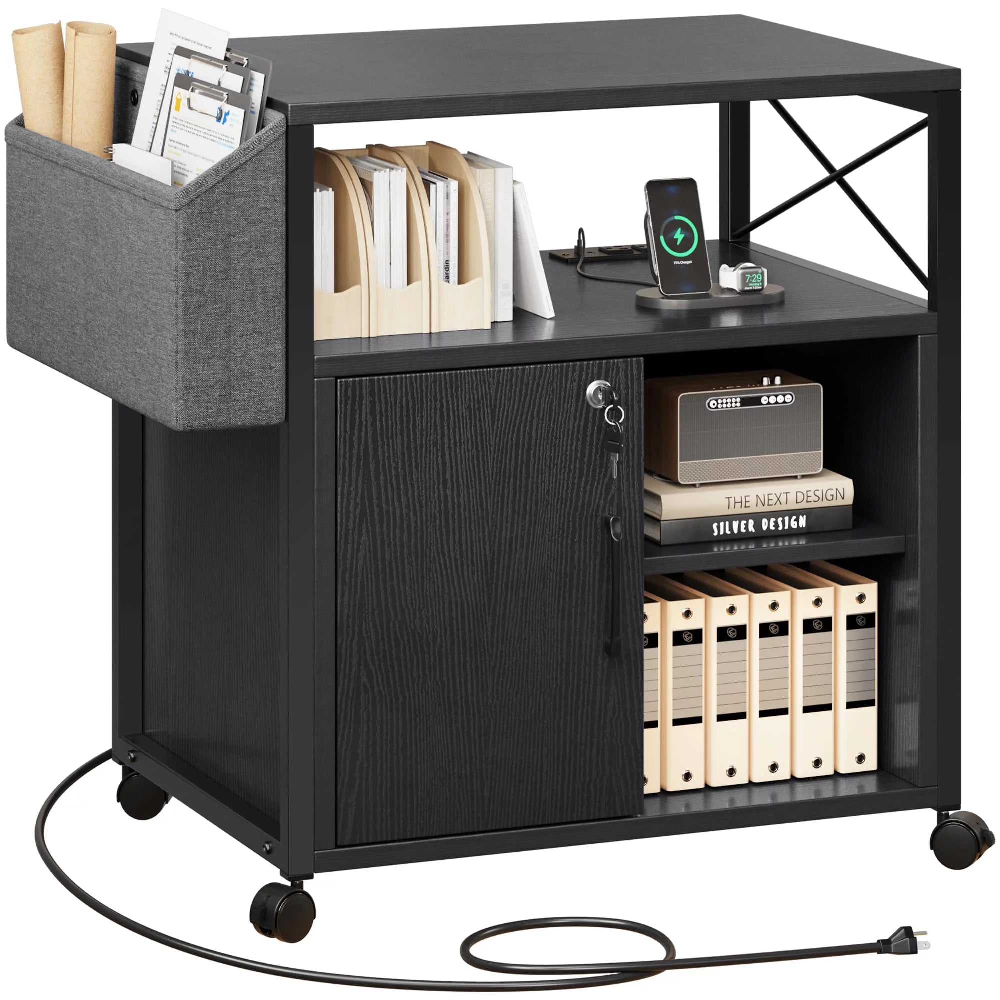 Dextrus Lateral File Cabinet, Wood Printer Stand with Charging Station, Mobile Filing Cabinet with Open Storage Shelves and Side Pocket, Fits A4, Letter, Legal Size Files, Office Furniture, Black