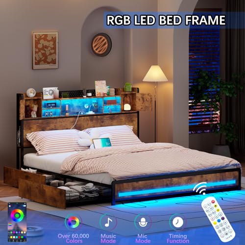 King Size Bed Frame with Storage Drawers and Bookcase Headboard, LED Lights, Vintage Brown K9476