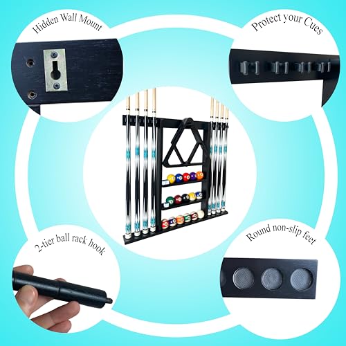 Wall Mount Pool Cue Rack for 8 Sticks, Solid Wood Mahogany S223328