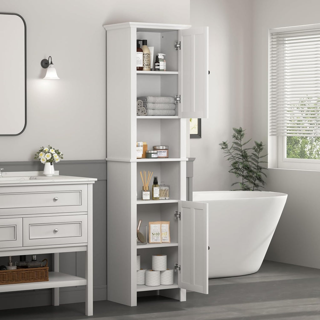 Tall Bathroom Storage Cabinet with Shelves and Door, Narrow, White Q863555