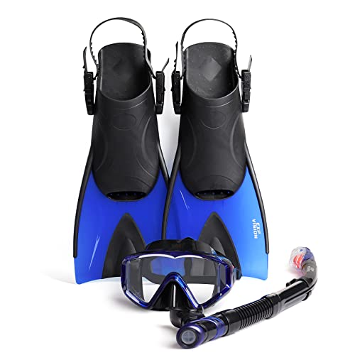 Mask Fin Snorkel Set, Adults Snorkeling Gear Panoramic Diving Mask and Dry Top Snorkel and Dive Flippers Kit with Travel Bag for Swimming Training, Snorkeling