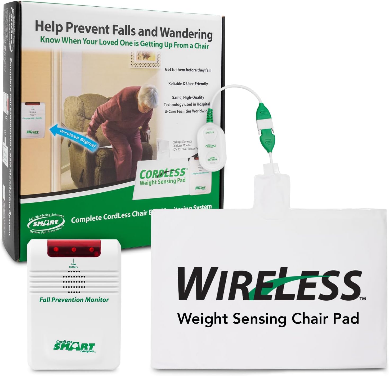 Smart Caregiver Wireless Chair Exit Alarm with Weight Sensing Pad - Automatically alerts caregiver when they get up to prevent falls | 10"x15" Pressure Sensor and Cordless Chair Alarm up to 300' Range
