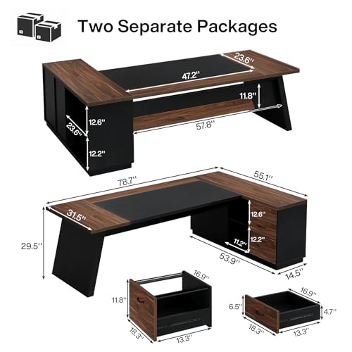 Tribesigns 78" L-Shaped Executive Desk with Drawers and File Cabinet, Walnut & Black V6249