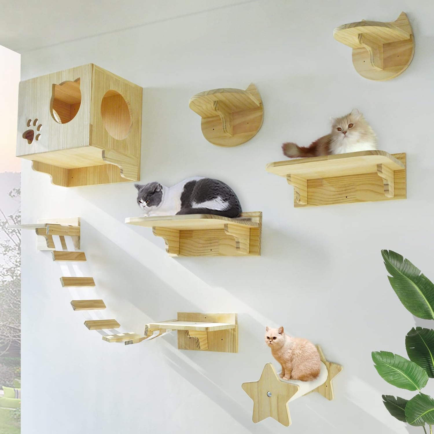 La La Pet® Wall Mounted Cat Furniture Wooden Cat Shelves and Perches for Wall Cat Steps Ladder Cat Bed Activity Tree Cat Climbing Structure Modern Cat Lounger Climber Set of 9
