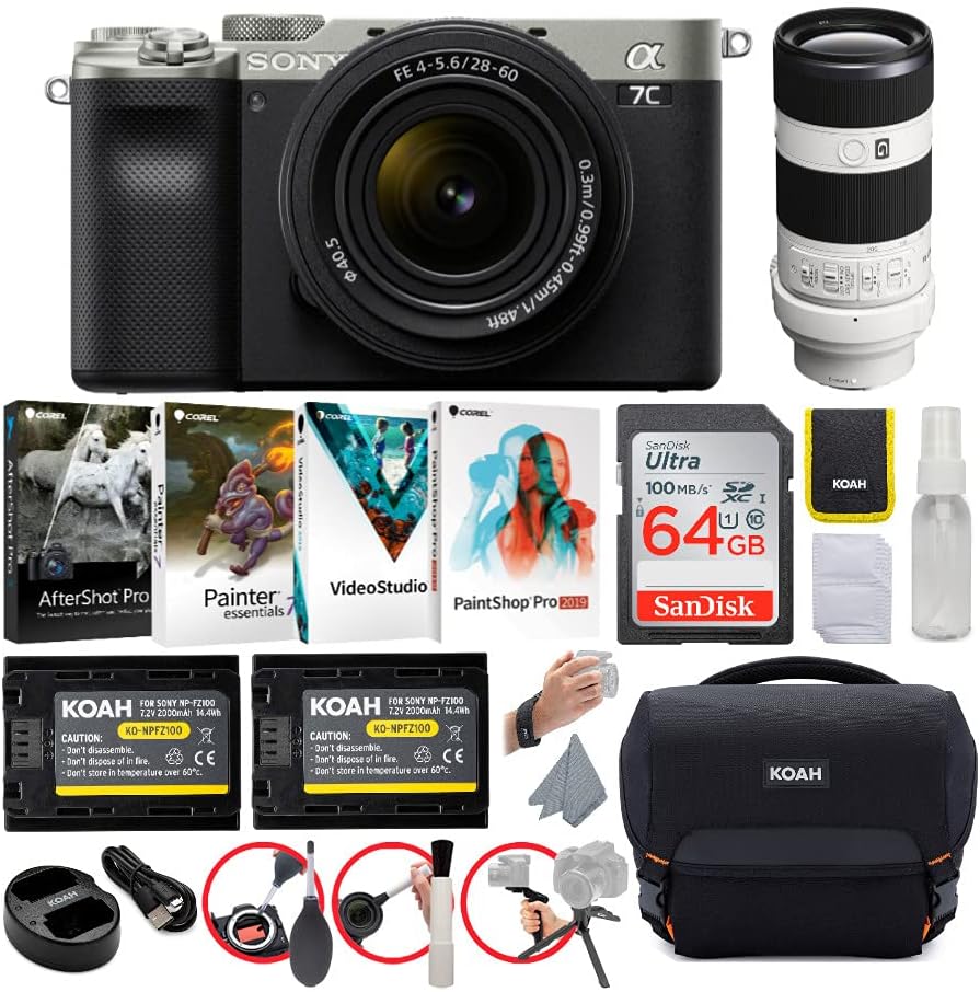 Sony Alpha a7C Full-Frame Compact Mirrorless Camera (Silver) Bundle with FE 28-60mm f/4-5.6 and 70-200mm f/4.0 G OSS Lens (6 Items)