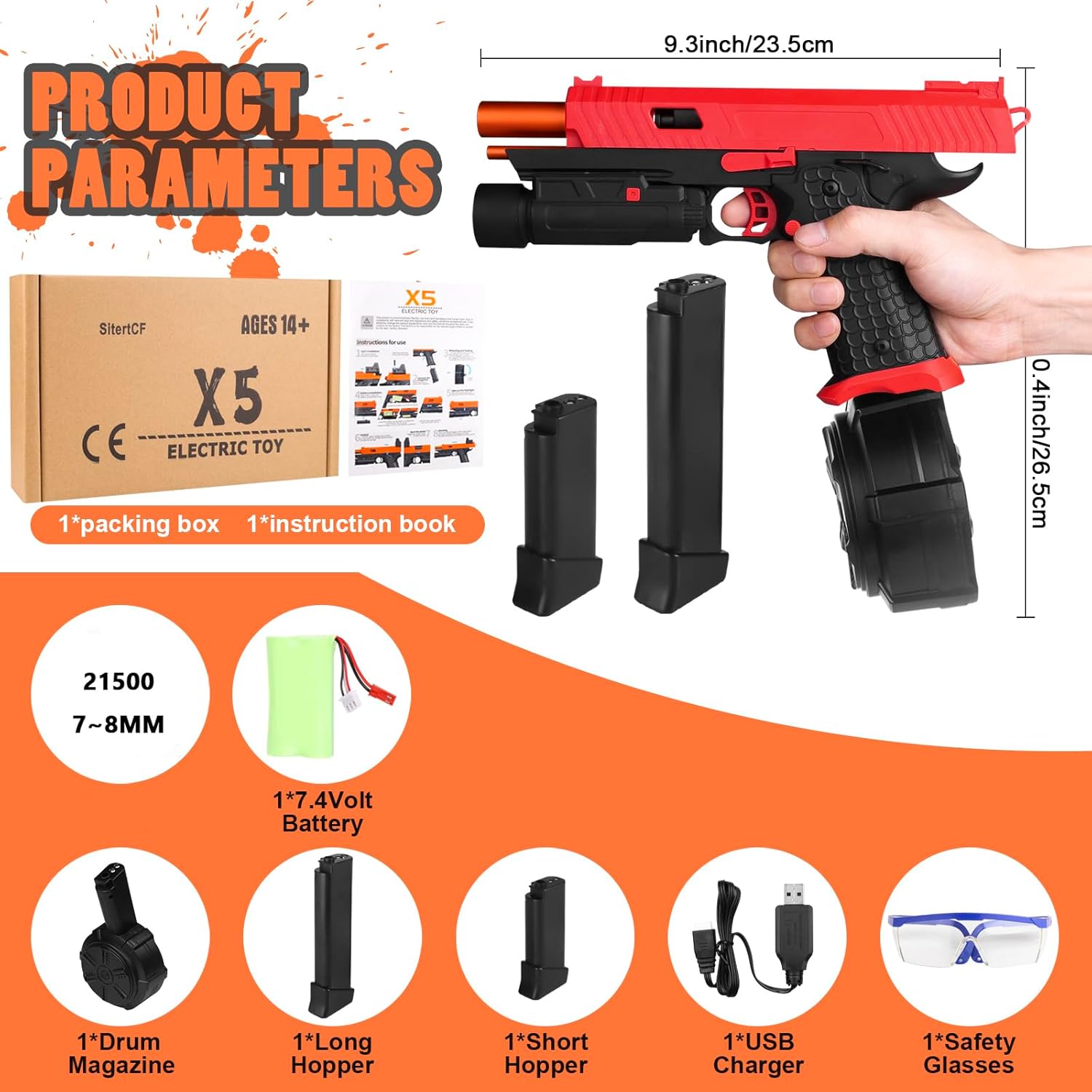 Electric Gel Toys X5 Full Auto Splat-Blaster with Drum and Goggles for Outdoor Team Game, Red B745