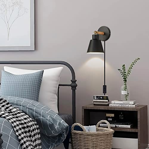 Plug in Wall Sconces Lighting Fixture, Black Nordic Wooden Bedside Wall Lamp Q1738