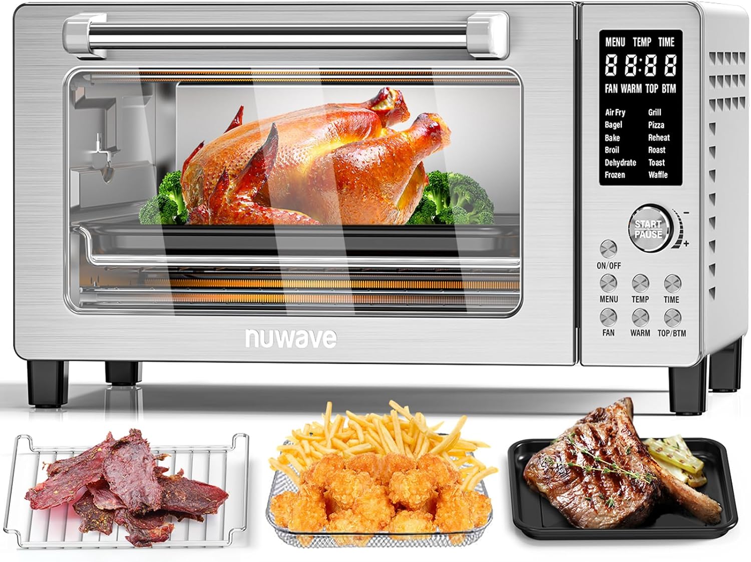 Nuwave Bravo Pro Smart Air Fryer Toaster Oven Combo, Airfryer Convection Oven Countertop, 12-in-1 Functions with Quicker & Even Crisp Technology, 1800W, 50-450°F, PFAS-Free, 21QT, Stainless Steel