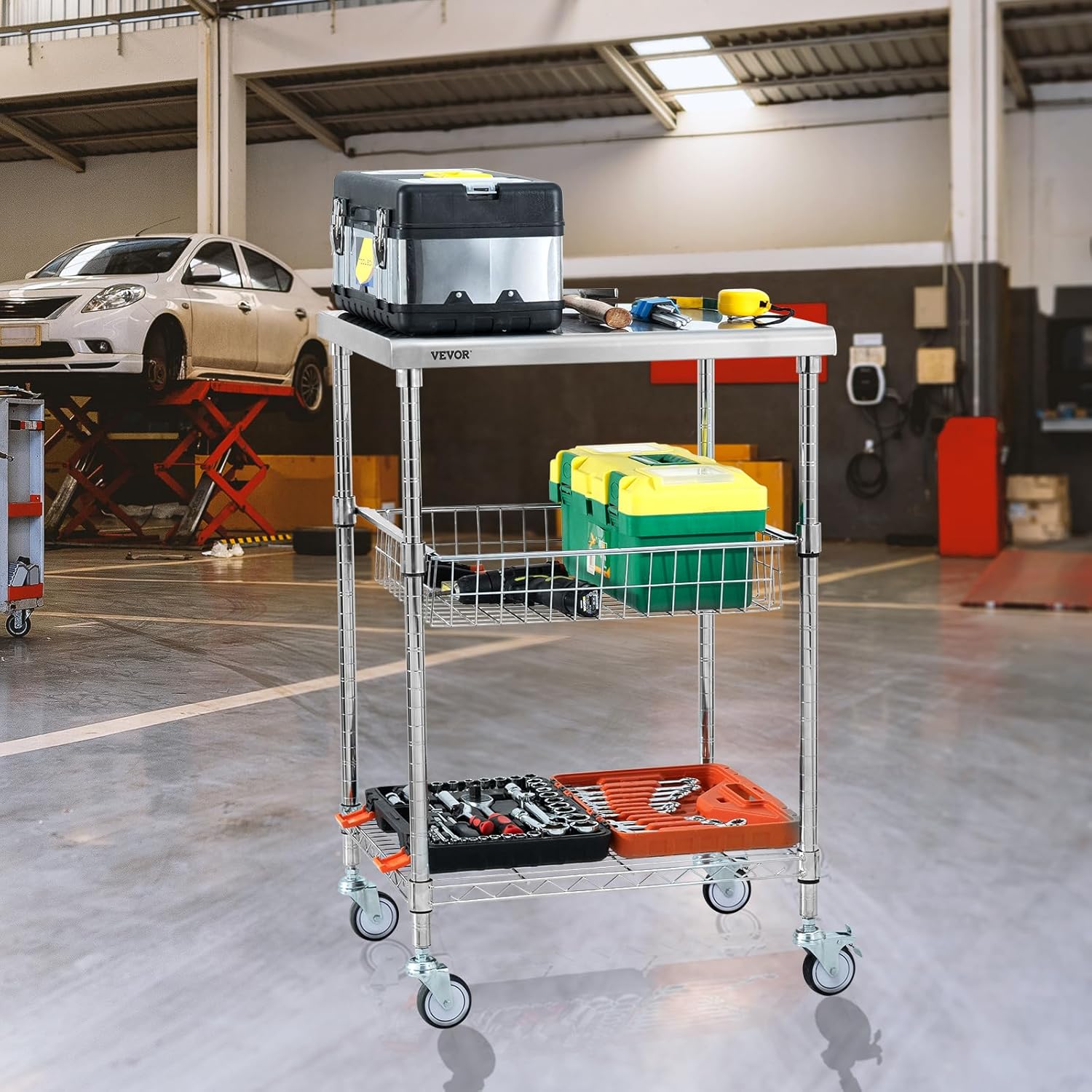 VEVOR Kitchen Utility Cart, 3-Tier Steel Rolling Cart with Brake Wheels X906