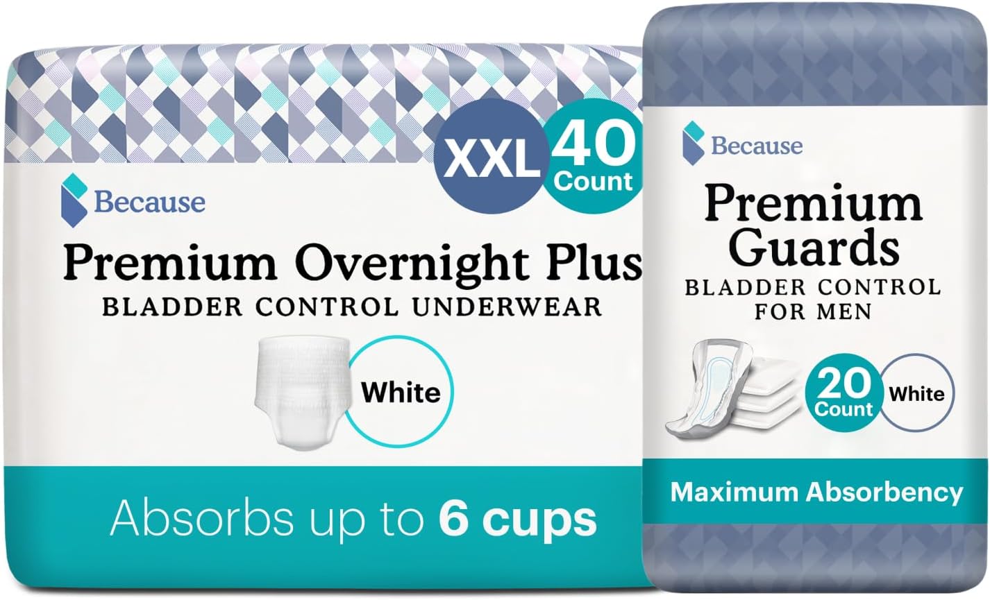 Because Overnight Incontinence Underwear and a Men's Guard | includes Underwear - White, Size XXL, 40 Count and Men's Guards, 20 Count
