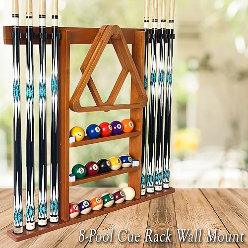 Wall Mount Pool Cue Rack for 8 Sticks, Solid Wood Mahogany S223328