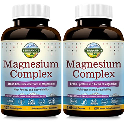 Terranics 5-in-1 Magnesium Complex Supplement 500mg - 5 Forms High Absorption Magnesium Glycinate Citrate Malate Aspartate Gluconate for Sleep Muscle Heart Health - Non-GMO 240 Vegan Capsules