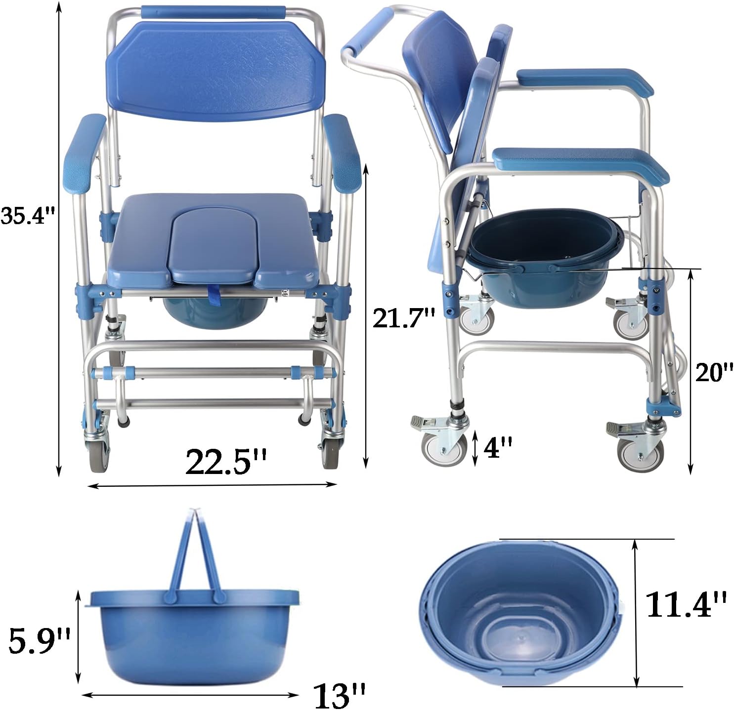 uyoyous Shower Commode Chair with Wheels, Padded Waterproof, 250 lbs Capacity W8677