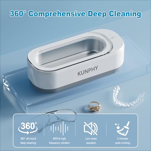 KUNPHY Ultrasonic Jewelry Cleaner, 12oz 46KHz, One-Touch Operation, White W240