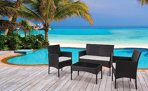 Shintenchi 4 Piece Outdoor Patio Furniture Set with Rattan Chairs and Glass Coffee Table, Black W6133