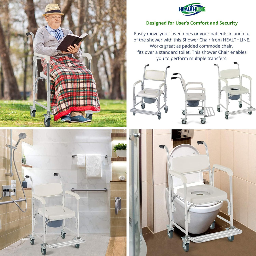 HEALTHLINE Shower Bedside Commode Chair with Wheels and Padded Seat J138572