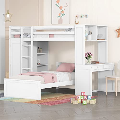 Harper & Bright Designs Full Over Twin Bunk Bed with Desk and Storage, Solid Wood, Gray L8927