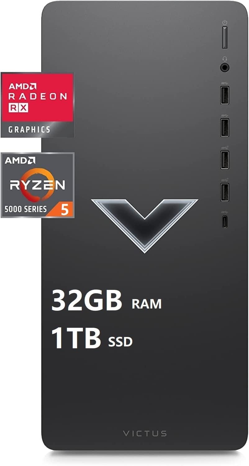 HP Victus 15L Gaming Desktop Bundle PC, AMD RX6400 Graphics, AMD Ryzen 5 5600G,32GB SDRAM, 1TB SSD + 1TB HDD, Windows 11 Home OS, RGB Lighting, Wi-Fi & Bluetooth (TG02-0013w,2023)