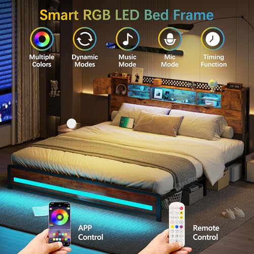King Size Bed Frame with Storage Drawers and Bookcase Headboard, LED Lights, Vintage Brown K9476
