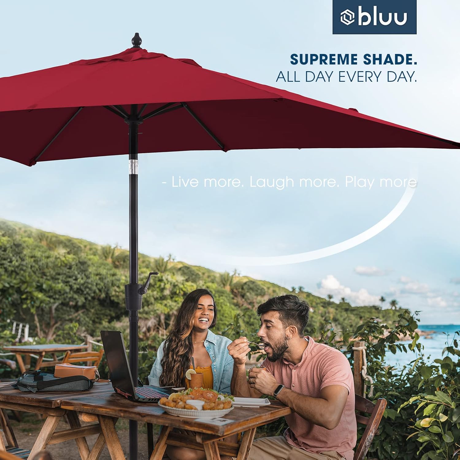 BLUU MAPLE Olefin Patio Umbrella 6.6 x 9.8 FT with Push Button Tilt A490480