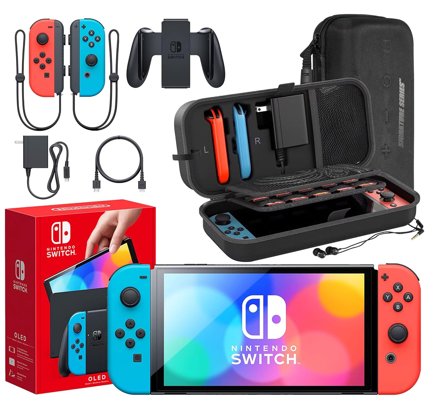 Nintendo Switch OLED Model (Neon Red/Blue) Accessory Bundle | Includes Extra Joy-Con (Red/Blue), Dock, Joy-Con Grips and Straps | With Signature Series Portable Case and Earphones