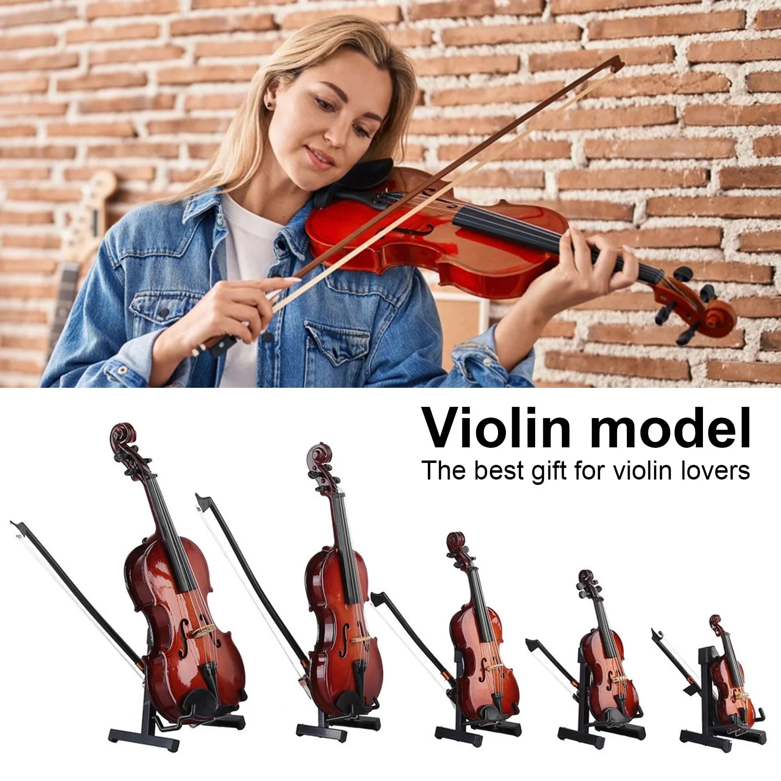 Wooden Mini Violin Model with Stand Playable Figurine T1445