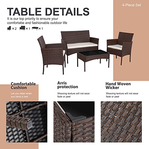 Shintenchi 4 Piece Outdoor Patio Furniture Set with Rattan Chairs and Glass Coffee Table, Black W6133