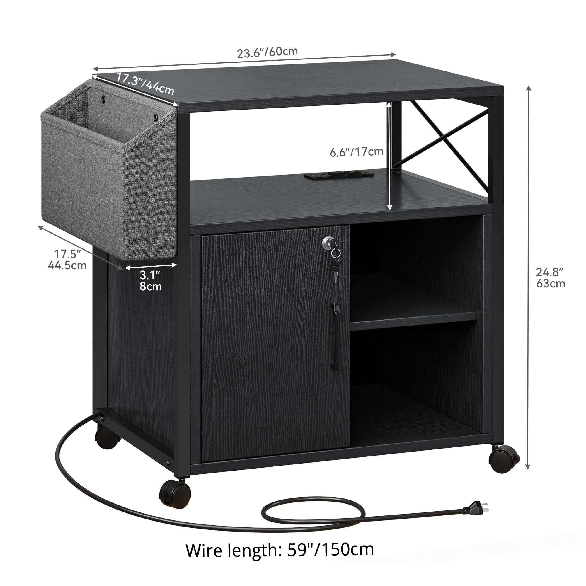 Dextrus Lateral File Cabinet, Wood Printer Stand with Charging Station, Black L37427