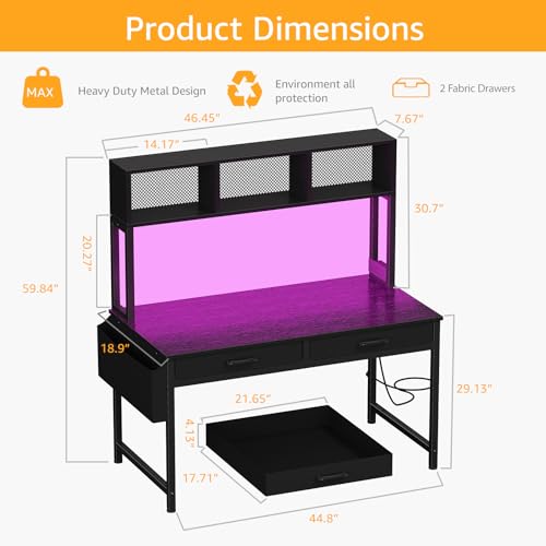 Black Gaming Desk with Hutch and Shelves, 47 Inch with LED Light and Power Outlets C685