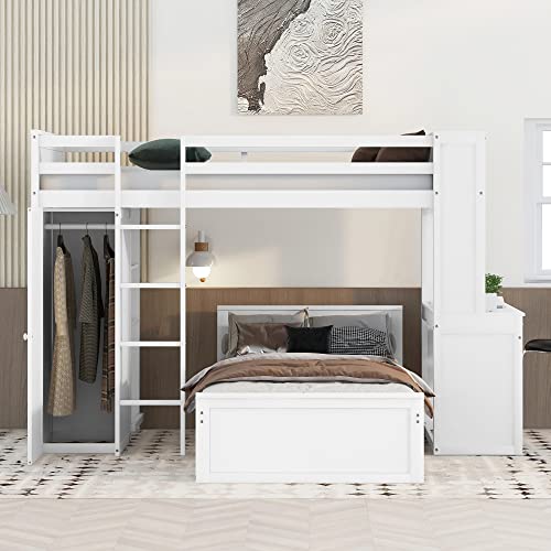 Harper & Bright Designs Full Over Twin Bunk Bed with Desk and Storage, Solid Wood, Gray L8927