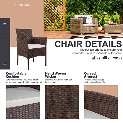 Shintenchi 4 Piece Outdoor Patio Furniture Set with Rattan Chairs and Glass Coffee Table, Black W6133