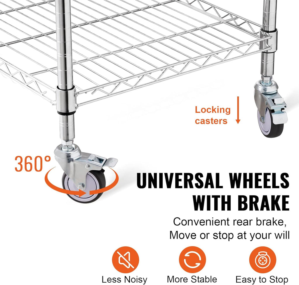 VEVOR Kitchen Utility Cart, 3-Tier Steel Rolling Cart with Brake Wheels X906