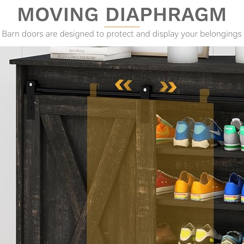 DWVO Farmhouse Shoe Cabinet with Sliding Door & Shoe Bench, 5-Tier, Dark Rustic Oak S3788