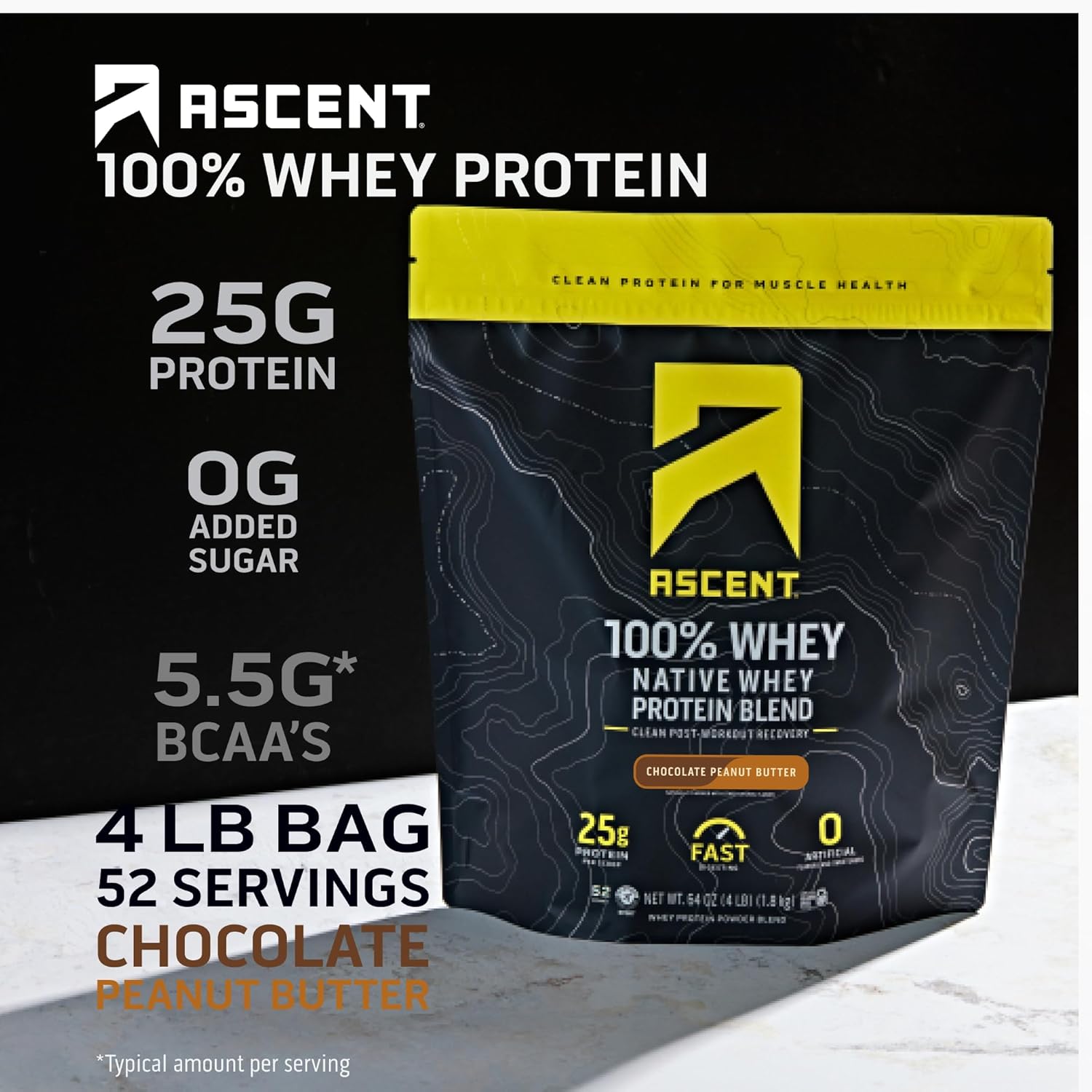 Ascent 100% Whey Protein Powder, Chocolate Peanut Butter 4 lb & Creatine Monohydrate Powder, Unflavored 45 Servings X8431