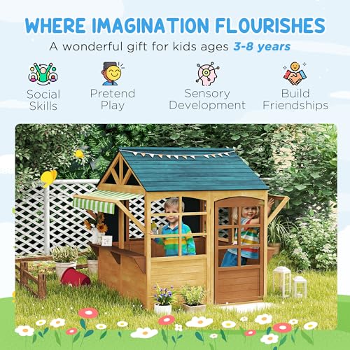 Qaba Foldable Wooden Outdoor Playhouse for Kids 3-8 Years, Brown J22431