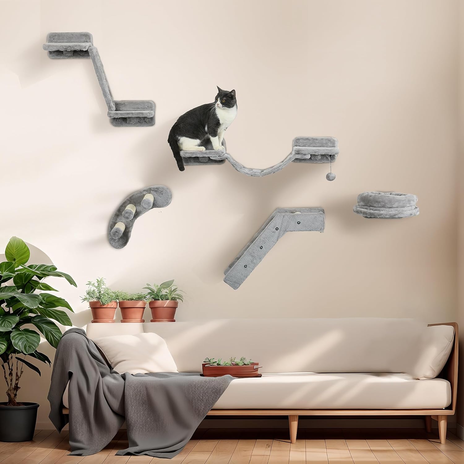 PawHut Cat Wall Shelves with Steps and Perches, Gray E4800