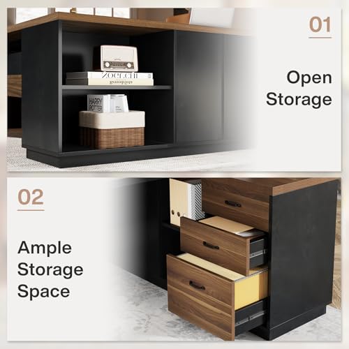 Tribesigns 78" L-Shaped Executive Desk with Drawers and File Cabinet, Walnut & Black V6249