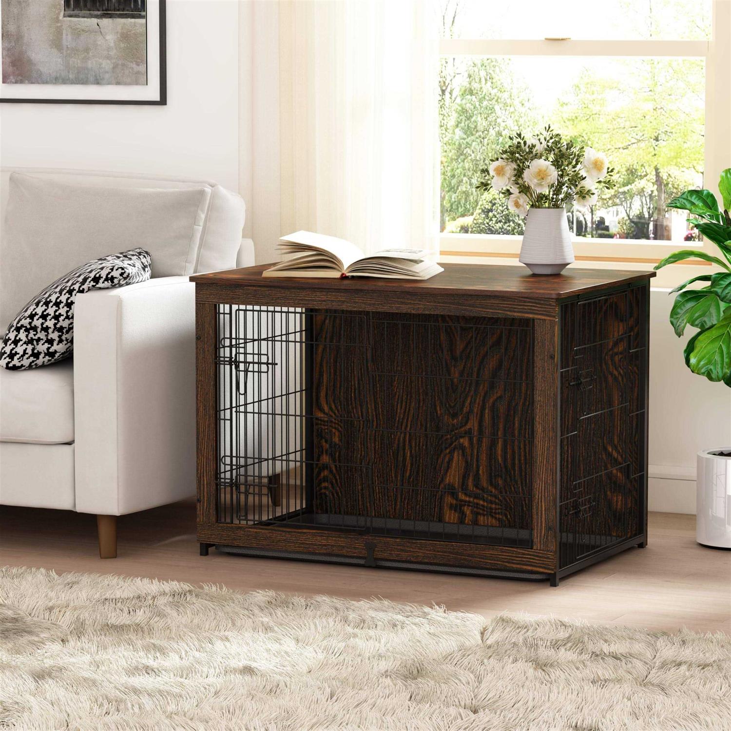 Megidok Wooden Dog Crate Furniture with Cushion and Tray A67595
