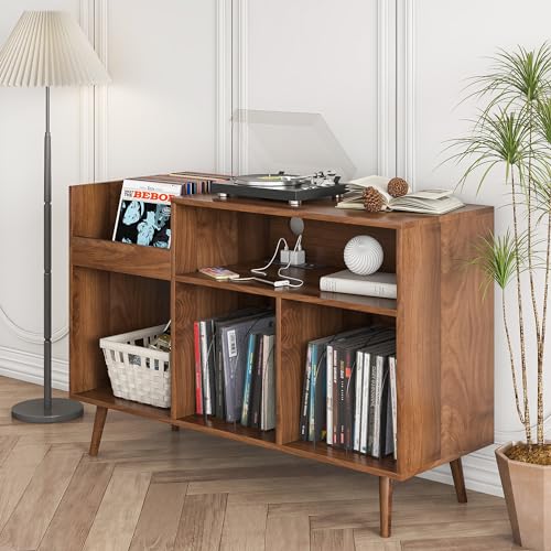 Large Record Player Stand with Power Outlet and Vinyl Storage Cabinet S7690