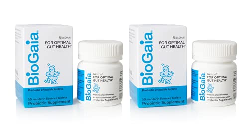BioGaia Gastrus Chewable Tablets, Adult Probiotic Supplement for Stomach Discomfort, Constipation, Gas, Bloating, Regularity, Non-GMO, 30 Tablets, 1 Pack