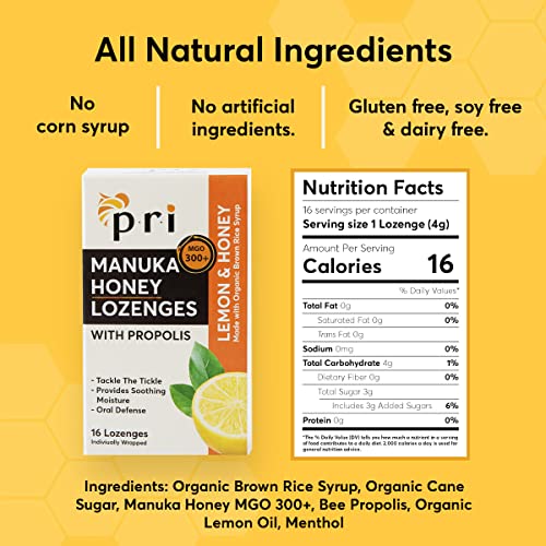 PRI Manuka Honey Lozenges with Propolis, MGO 300+, Lemon, 16 Count (2 Pack) Q1655