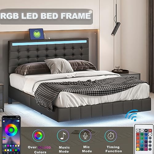 Queen Size LED Lighted Upholstered Platform Bed Frame with USB Charging, Black N957