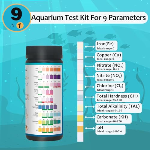 9-in-1 Aquarium Water Testing Kit, 100 Strips for Freshwater & Saltwater Fish Tank J5357