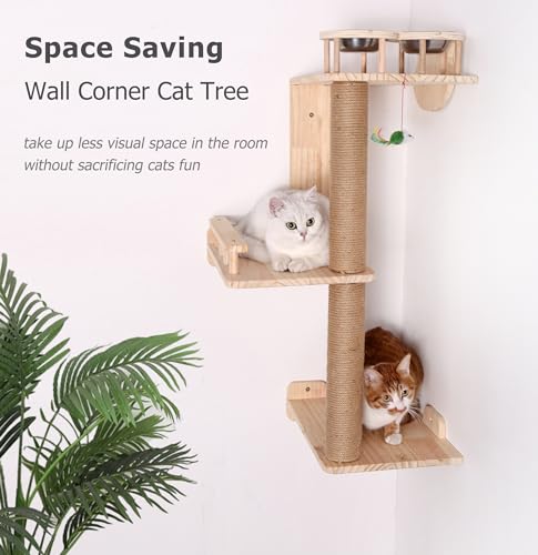Corner Cat Shelf Wall Mounted with Feeder, 3 Levels Cat Wall Tree for Indoor Cats F39365