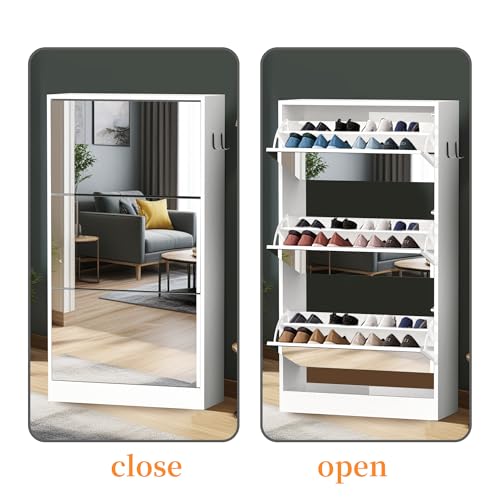 Mirror Shoe Storage Cabinet for Entryway, 3-Tier Narrow Organizer, White A897