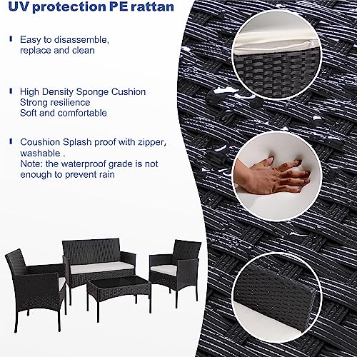 Shintenchi 4 Piece Outdoor Patio Furniture Set with Rattan Chairs and Glass Coffee Table, Black W6133