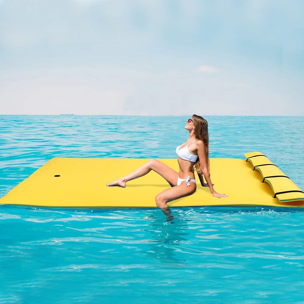Outroad Floating Water Pad Mat, 3 Layers XPE Foam 9/12/18 Ft Lily Pad for Beach, Ocean, Lake, Roll-Up Floating Island for Water Recreation and Relaxing（Blue/Yellow）